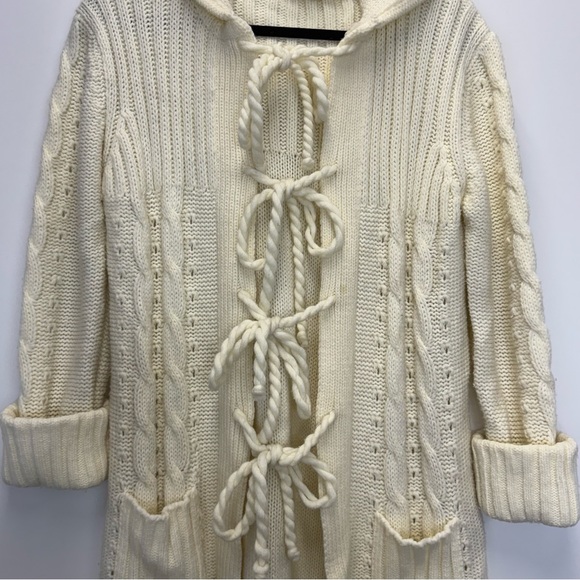 Vintage Co1umn Long Hooded Cable Knit Cream Cardigan Sweater - Picture 4 of 16